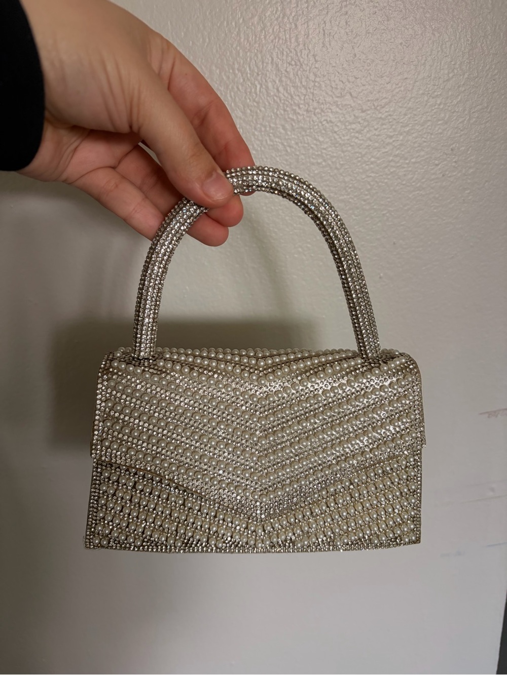 Crystal-Embellished Silver Evening Bag